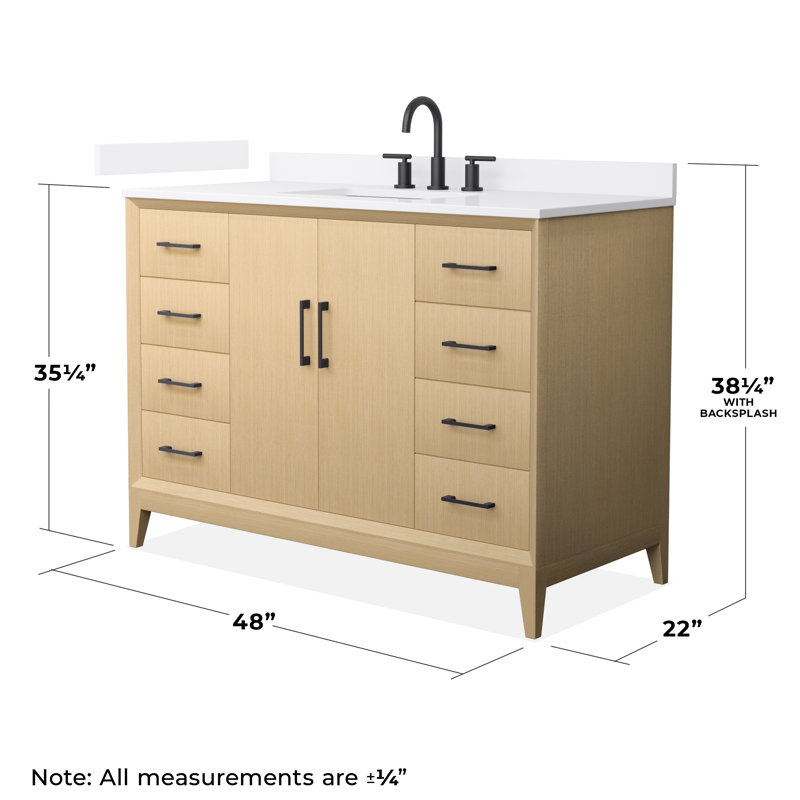 Janna 48" Freestanding Single Bathroom Vanity with Quartz Top, White Quartz, Matte Black, 8" Centers