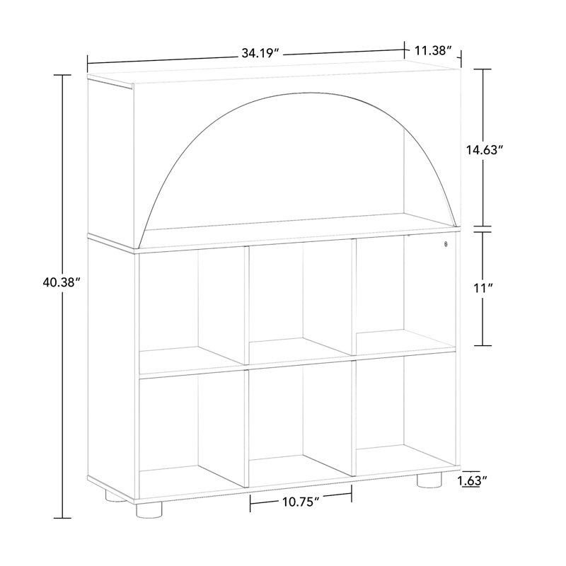RiverRidge Arched 35" 6 Cubby Entryway Shoe Rack Storage Organizer Cabinet with Shelves - White with 2 Gray 5" Fabric Bins