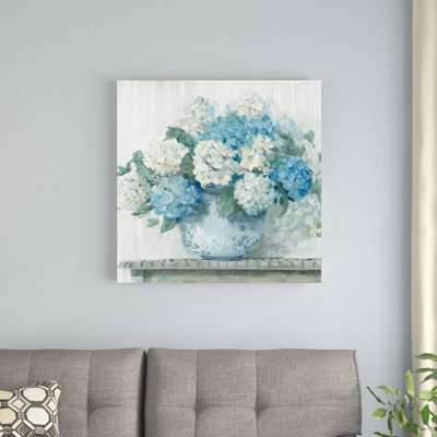 " Blue Hydrangea Cottage " by Carol Rowan Painting Print