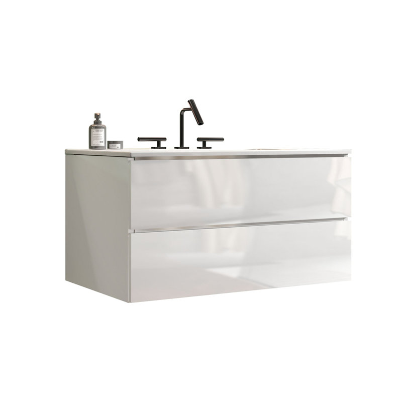 Meuble-lavabo mural avec lavabo en céramique et trois trous de robinet, Blanc