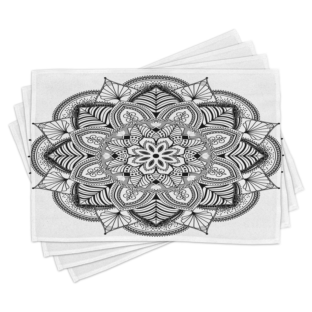 Platzdeckchen 4er Set, Mandala Schwarz Weiß Kunst, Schwarz Weiß