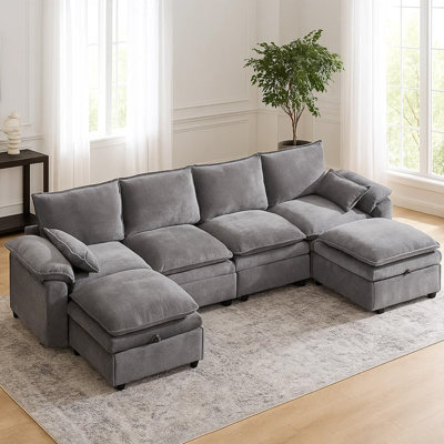 130'' 4-Seat Chenille Sectional With Two Ottomans