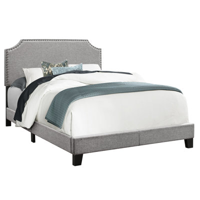 Grey Linen Upholstered Full Size Bed With Stylish Trim And Headboard Look Trimmed Elegance