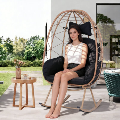Fauteuil à bascule intérieur et extérieur en forme d'œuf, chaise longue cocon en rotin et osier d'une capacité de 330 lb avec coussin et coussin épais, chaise berçante simple pliable pour patio, balcon, chambre à coucher, salon