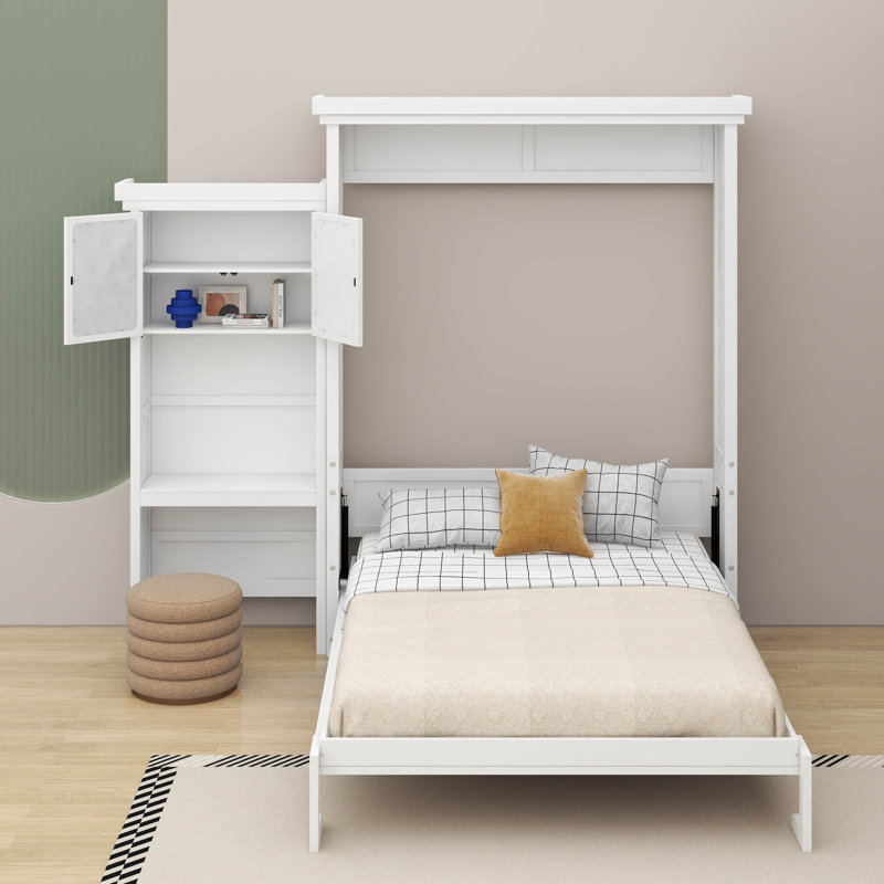 Grand lit escamotable avec plusieurs tablettes de rangement, Blanc