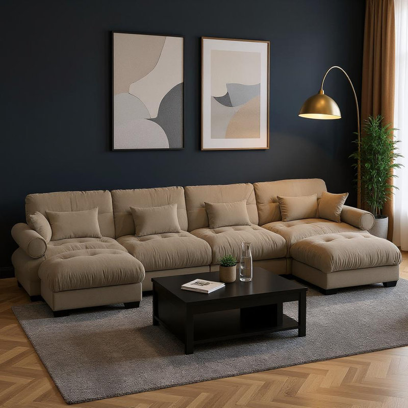 Canapé modulaire en U à 4 places avec 2 repose-pieds et coussins amovibles, Velours chameau, 35" H x 166" W x 37" D
