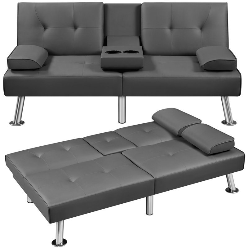 Canapé convertible en similicuir de 66 po avec porte-gobelet Janni, H 28 po x l 63 po x P 31,5 po, Gray