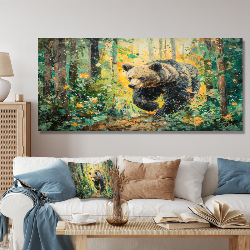Ours dans la forêt du printemps II - reproduction d'ours sur métal, H 28 po x l 60 po