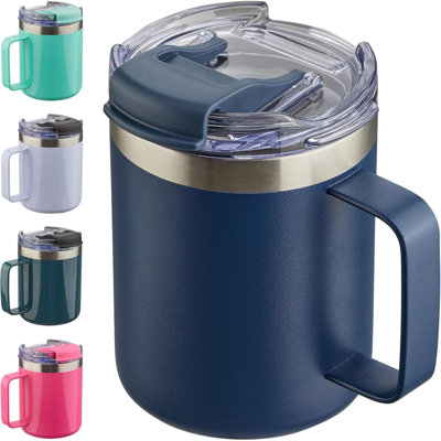 Tasse à café isotherme avec poignée, tasse à café de voyage en acier inoxydable avec couvercle rabattable, gobelet à café sous vide à double paroi