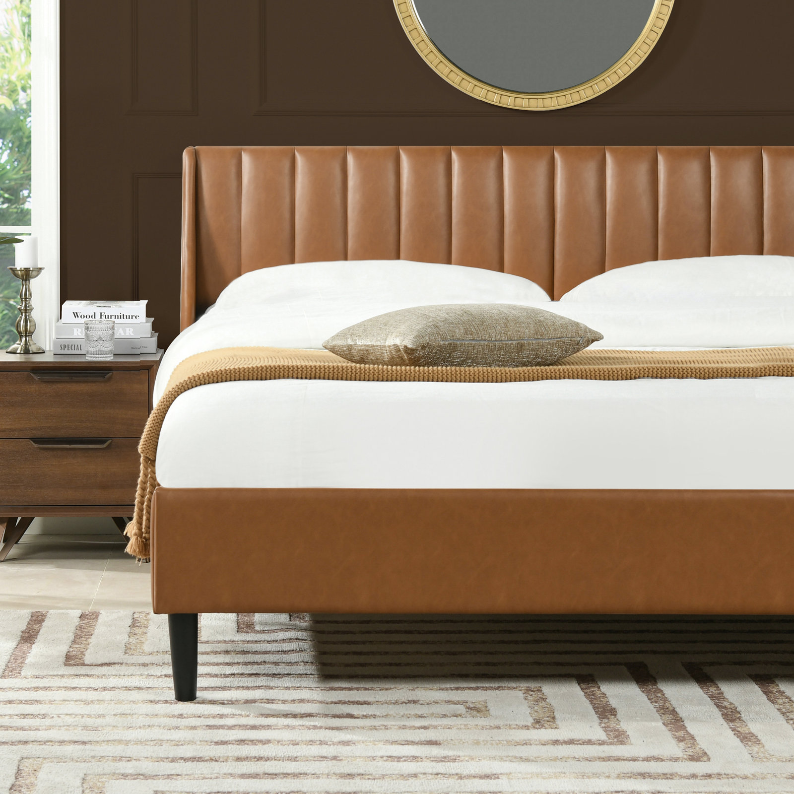 Helaina Velvet Upholstered Wingback Bed, King, Caramel Tan Brown Faux Leather