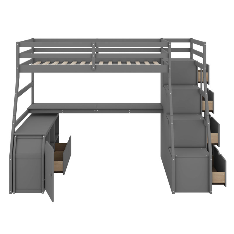 Jeffree Kids Twin Loft Bed with Drawers, Gray