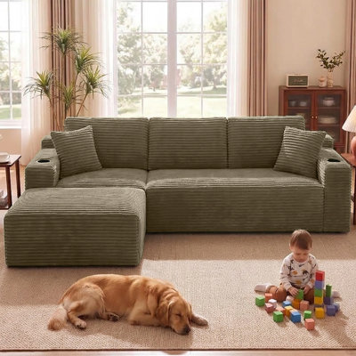 105"Boneless Cloud Couch, Compression L‑Shape Sectional Sofa with Movable Ottoman, Side Pockets & Cup Holders, Corduroy Upholstered No Assembly Sofa for Living Room