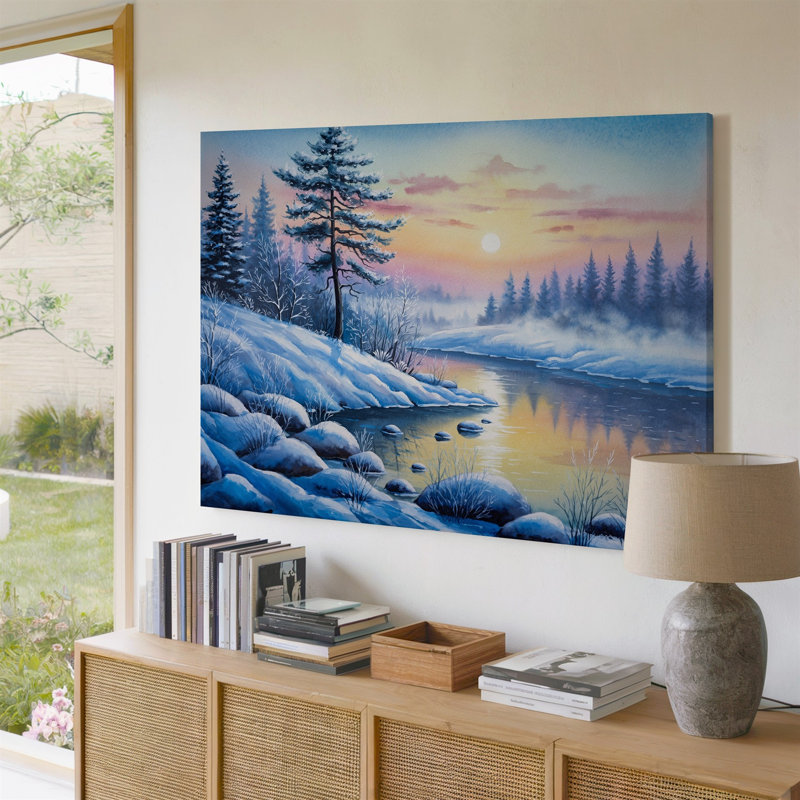 Reproduction d'art sur toile, "Un paysage d'hiver serein à l'aube" avec de grands pins, saupoudré de neige fraîche