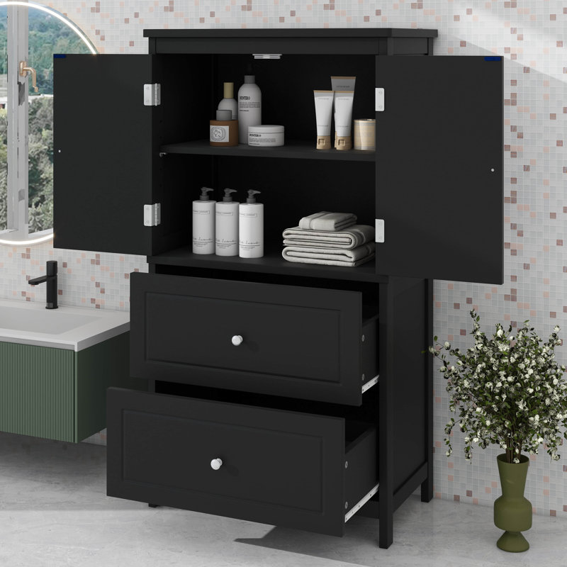 Bathroom Freestanding Floor Storage Cabinet With 2 Drawers, 2 Doors & Adjustable Shelf, Black