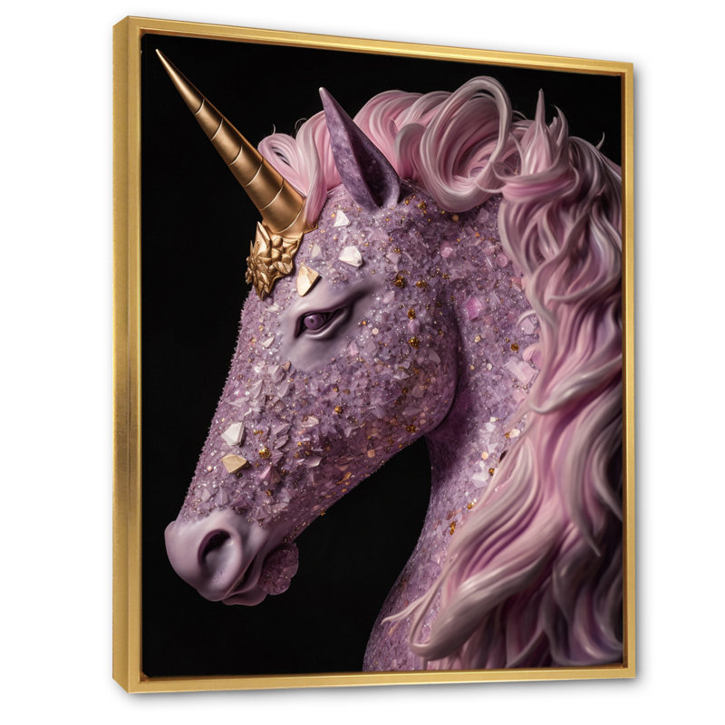 Portrait d'une licorne rose en 3D sur toile, H 44 po x l 34 po x P 1,5 po, Cadre flottant doré