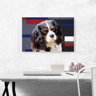 "Cavalier Dog Breed" bleu gris rouge - reproduction de photo sur toile tendue