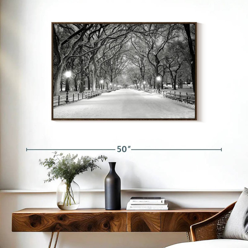 Central Park White Winter, 37" X 25", Floating Frame Walnut