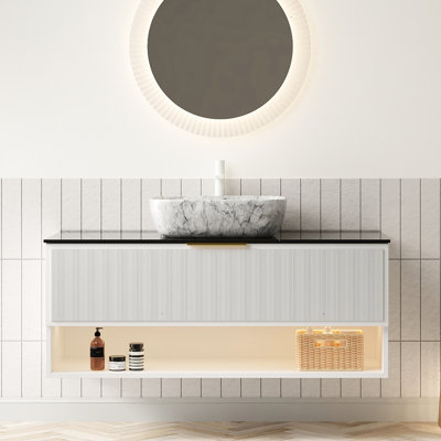 Meuble-lavabo 48 po, lavabo en céramique à motif de marbre blanc, comptoir en pierre frittée noire, armoire flottante pré-assemblée, 2 tiroirs, tablette avec capteur, vasque en contreplaqué de haute qualité,