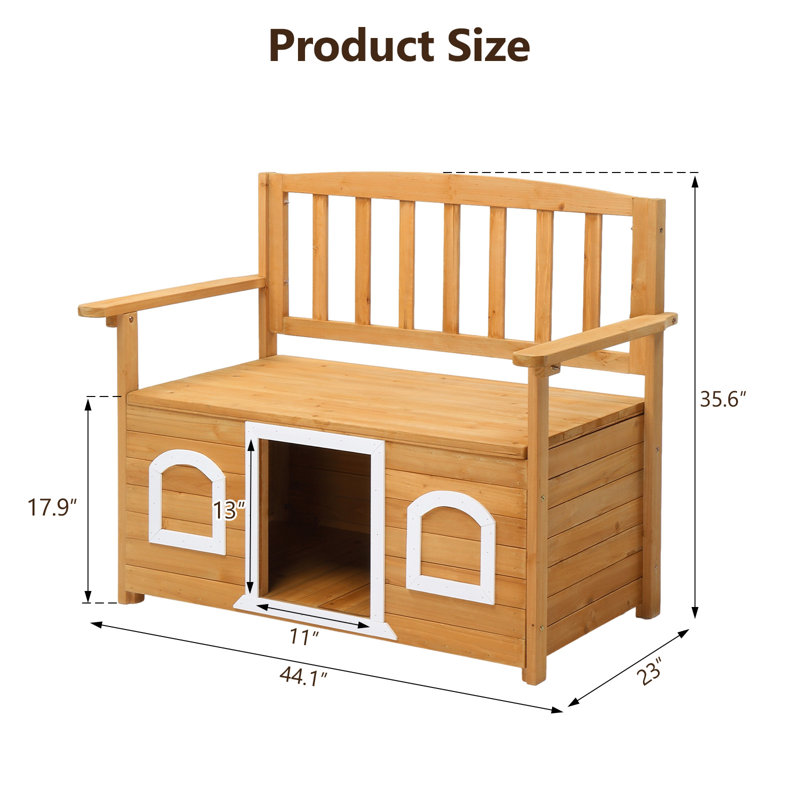 Banc de rangement extérieur en bois massif avec niche pour chien intégrée