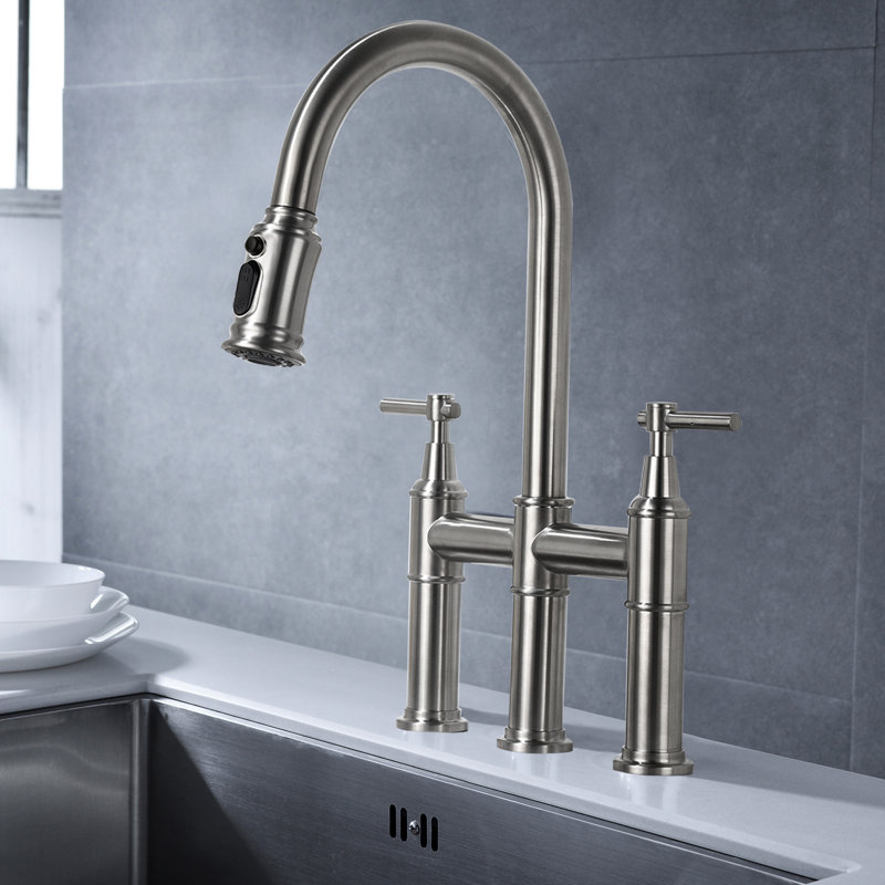 Robinet de cuisine de style pont en nickel brossé, fonction rétractable, poignée double pour un contrôle précis de l'eau, buse haute rotative à 360 °, robinet en laiton, aérateur silencieux à éclaboussure de nickel avec, précis