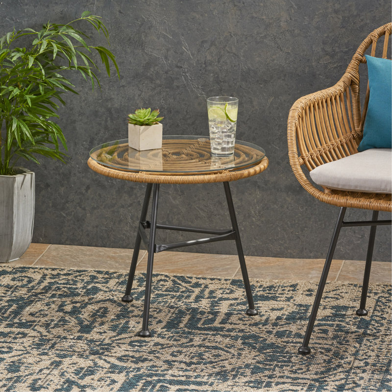 Orlando Outdoor Glass Top Faux Rattan Side Table,Tempered Glass Top End Table For Balcony Porch Deck, Light Brown/Gray