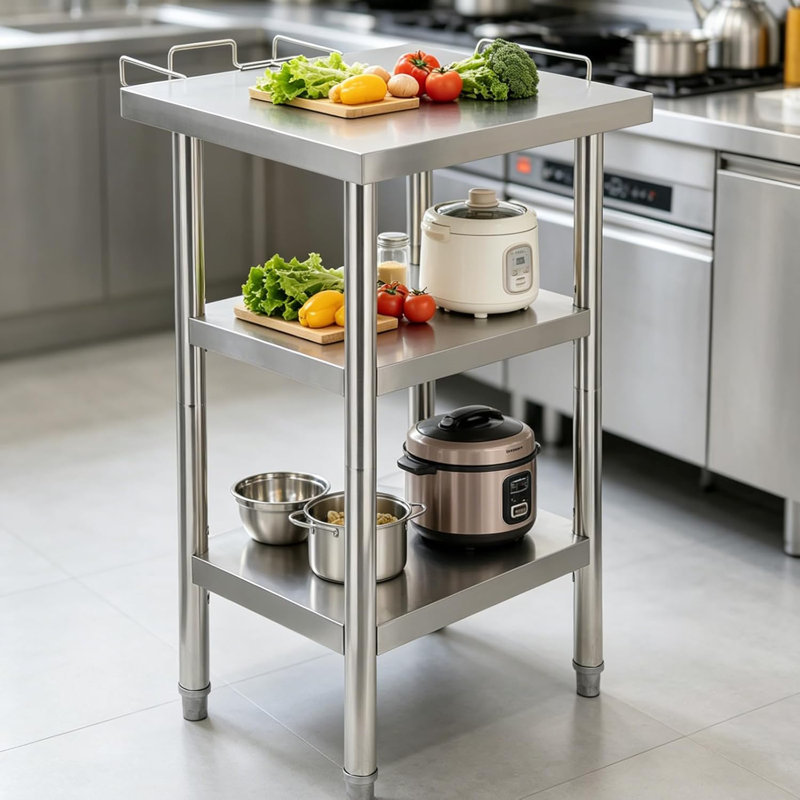 Stainless Steel Work Table - Heavy Duty Commercial Prep Table with Double Layer Storage & Garbage Shelf - 0.7mm Thick Mobile Table with 4 Locking Swivel Casters & Side Hooks