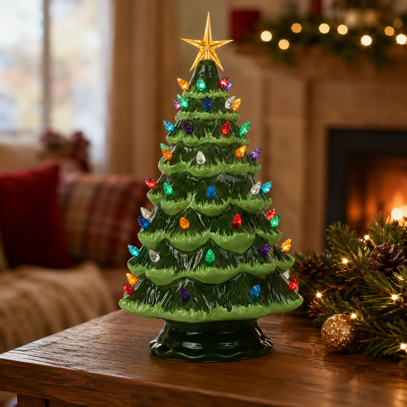 Lighted Ceramic Christmas Tree, 15.5" H x 9" W x 9" D, Green
