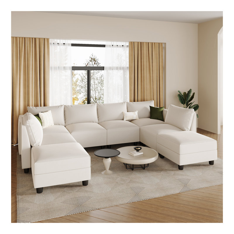 Canapé modulaire en U gris à 8 places avec canapé en lin et fauteuil Minimalist, Lin blanc