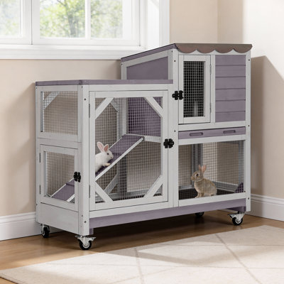 Rabbit Hutch: 2-story Indoor/outdoor Wooden Cage With Chew-proof Ramp, Locking Leak-proof Trays & Wheels For Rabbits, Guinea Pigs And Small Animals