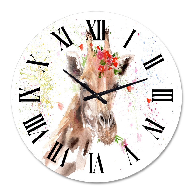 Portrait d'une girafe avec des fleurs III - Horloge murale de ferme, Surdimensionné