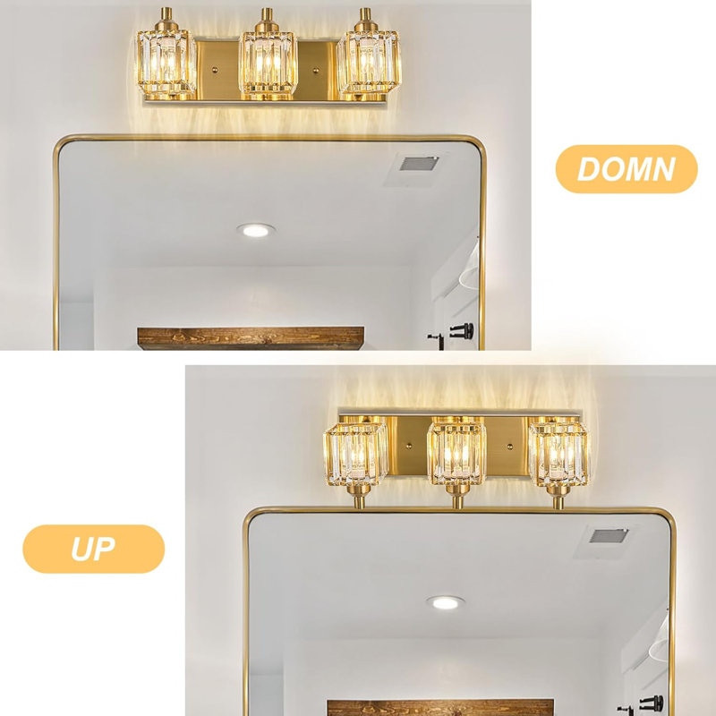 Éclairage pour salle de bain moderne en cristal doré avec abat-jour carré, luminaire mural à 3 lumières pour miroir, douille E26, à intensité variable, installation facile