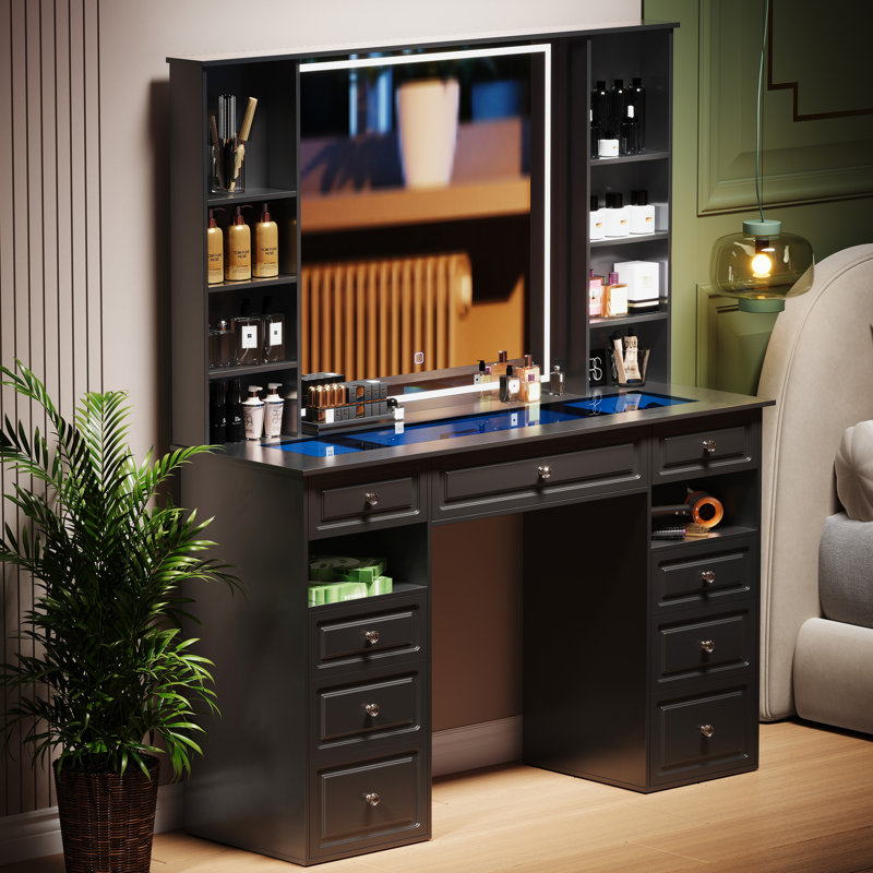 Bureau de meuble-lavabo avec miroir et lumières, coiffeuse à plateau en verre avec 9 tiroirs, meuble-lavabo avec banc de rangement, meuble-lavabo de style européen, meuble-lavabo à luminosité réglable pour la chambre à coucher (noir)