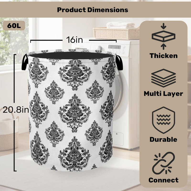 Damask Flower Foldable Laundry Hamper - Waterproof Fabric Storage Basket With Handles, Clothes Hampers For Laundry,Bedroom,Dorm