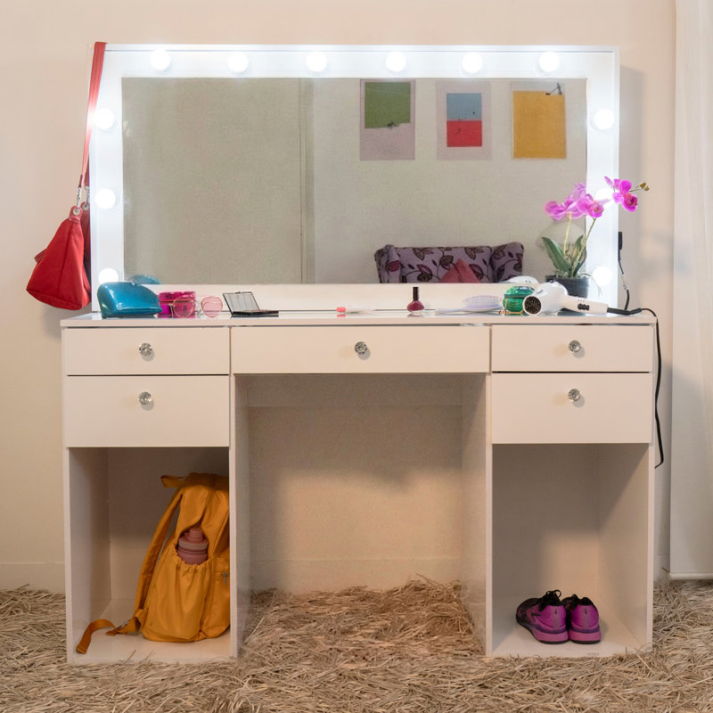 Boahaus Elina Modern Makeup Vanity Set With Lighted Mirror, Glass Top, Charging Station & Ottoman