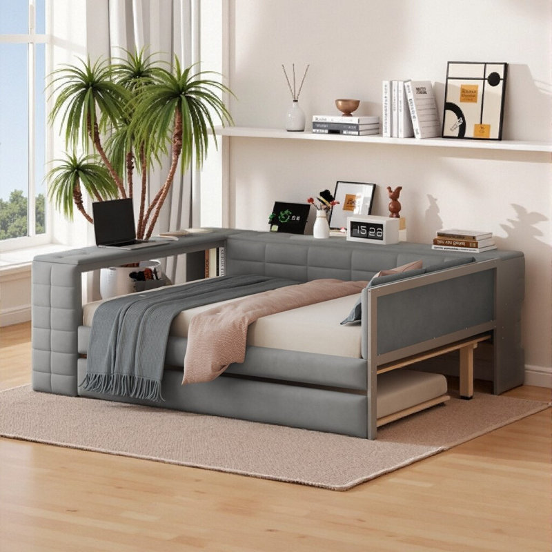 Lit de rangement 88,5 po pleine grandeur avec plateforme de velours avec bureau, station de charge et lit gigogne (capacité de 600 lb)