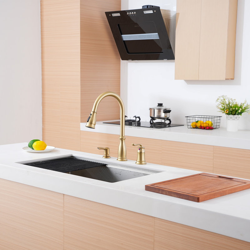 Boyel Living Pull Down Kitchen Faucet with Soap Dispenser, Brushed Gold