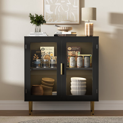 Buffet moderne avec lumières à DEL, buffet en acrylique 32 po avec 2 portes, tablette à café réglable pour le salon, cuisine, noir