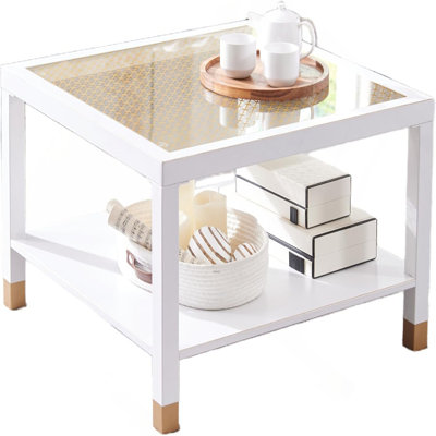 Table basse moderne carrée - structure en métal blanc éclatant de 27,6 po avec plateau en verre doré