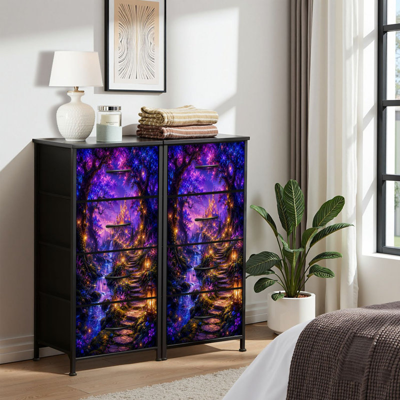 Commode 4 tiroirs pour chambre à coucher, commode étroite, plateau en bois et structure de bureau en fer 18 po x 37,5 po (lxH) - avec sentier forestier, lumières mystiques