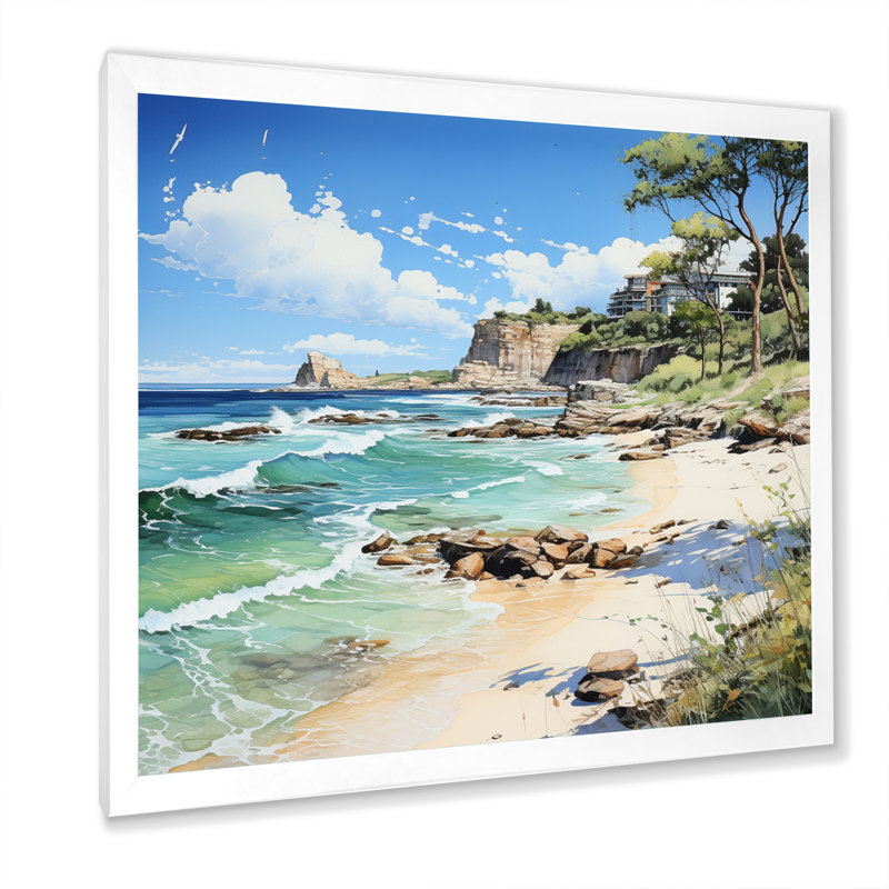 Plage contrastante pointillisme I, H 16 po x l 16 po x P 1 po, Cadre simple blanc