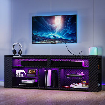 Tall Entertainment Center With Storage, Tv Stand With Power Outlet, Led Lights And Carbon Fiber Finish, Black by Wrought Studio