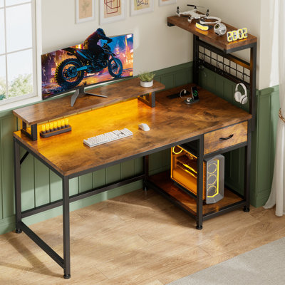 Computer Gaming Desk With Led Light & Drawers & Reversible Shelves by Inbox Zero