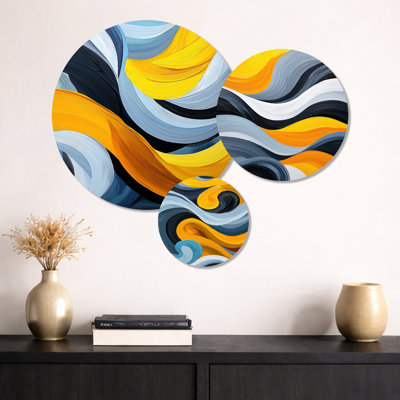 «Blue and Yellow Ocean Steam Lines I», impression d'art mural gris minimaliste 3 pièces