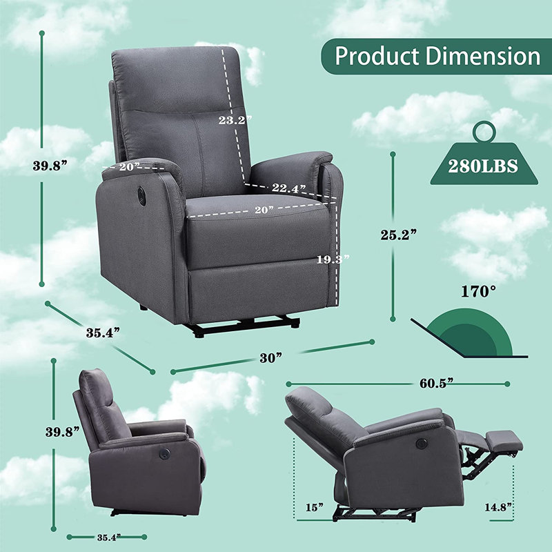 Fauteuil inclinable électrique standard de 30 po de largeur Epifania, 100% polyester gris clair