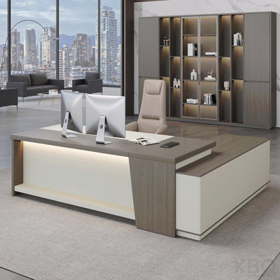 79-Inch Smoked Oak & Cream White L-Shaped Executive Desk with Drawers, LED Lights and Power Outlets