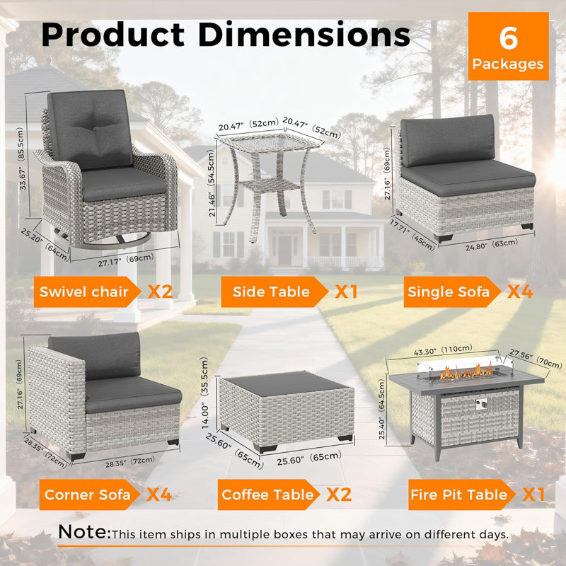 10 - Person Outdoor Wicker Patio Conversation Furniture Set with Fire Pit Table, Charcoal Grey, Black