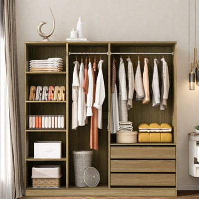 Armoire sans porte en bois avec 6 compartiments spacieux, tiges suspendues et 3 tiroirs