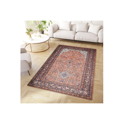 Orange Toned Antique Pattern Woven Base Modern Decorative Machine Washable Area Rug