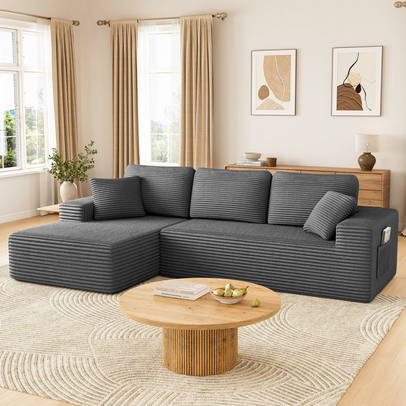 Modern 108-inch Boneless corduroy modular compressed sofa with L-shaped design, Left Hand Facing, Gray Corduroy