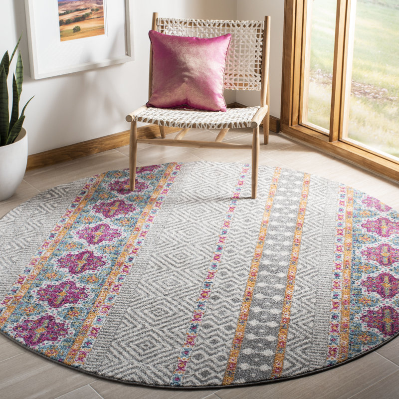 Tapis gris et ivoire à motif géométrique Christa, Rond 9 pi